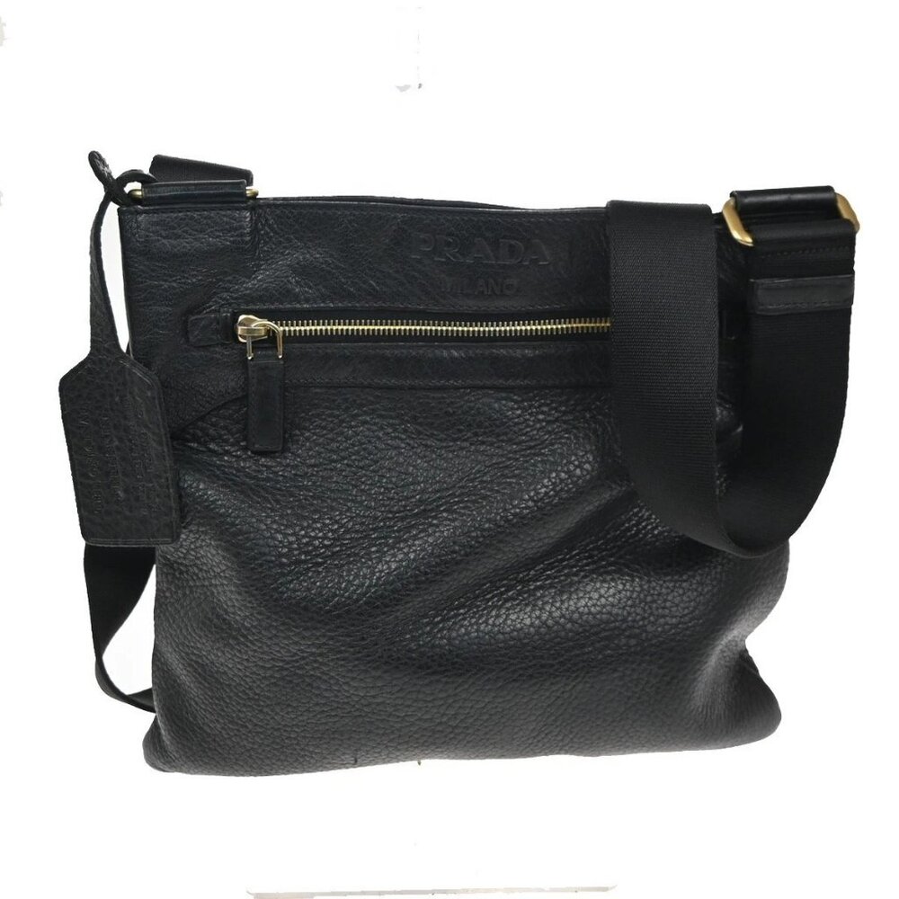 PRADA MILANO Messenger Shoulder Bag Canvas Leather Black GHW 11TA527